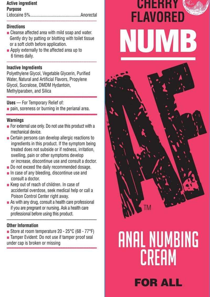 Close-up of the packaging for cherry flavored NUMB AF Anal Numbing Cream in a 1.5 oz (44 ml) tube. The red box displays the product name with flavor at the top and "Anal Numbing Cream For All" at the bottom. The left side of the box lists active and inactive ingredients, directions, uses, and warnings. The cream contains 5% lidocaine for temporary relief of pain, soreness, or burning in the perianal area. Safety and usage instructions are provided, including storage information and cautions