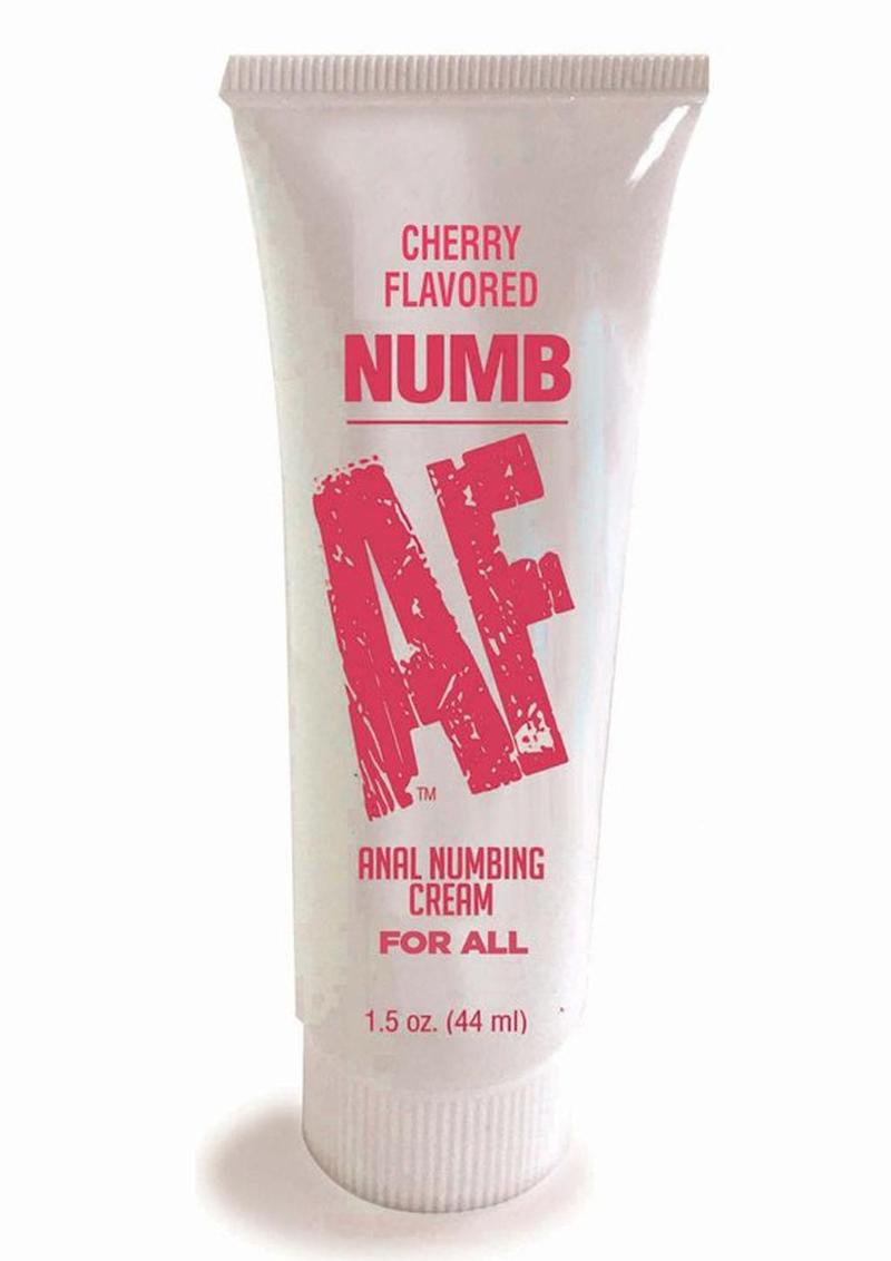 Tube of Cherry Flavored NUMB AF Anal Numbing Cream in a 1.5 oz (44 ml) size. The packaging features bold blue text with "NUMB AF" prominently displayed, along with "Anal Numbing Cream For All" beneath it. The flavor is listed at the top, and the tube has a simple, clean design, emphasizing its numbing function and flavor.