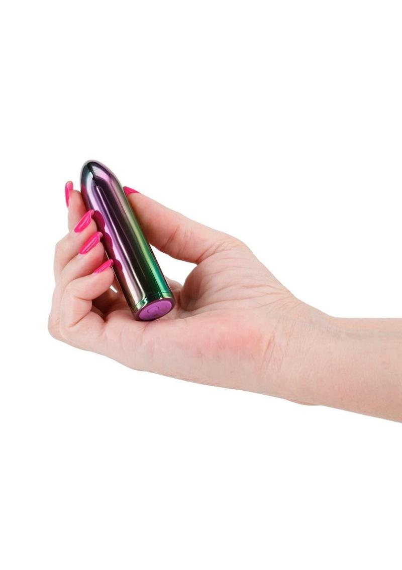 Chroma Petite sleek rechargeable vibrator with multi-speeds, water-resistant design, and vibrant colors. Keywords: Chroma Petite Vibrator, sleek rechargeable vibrator, water-resistant vibrator, colorful ABS vibrator, travel-friendly slim vibe, multi-speed vibrator, elegant metallic pink vibrator, rainbow vibrator, teal vibrator, discreet pleasure toy.