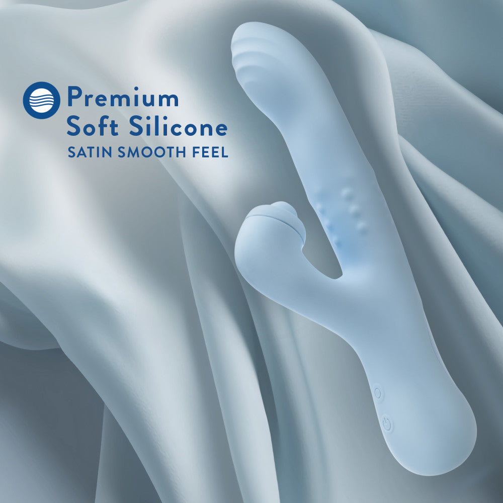 Blue dual-stimulation rabbit vibrator with sliding beads, come-hither motion, and clitoral massaging ball for waterproof play.
Keywords: rabbit vibrator, Devin vibrator, G-spot vibrator, clitoral stimulation, dual-stimulation, sliding beads vibrator, come-hither motion, waterproof vibrator, USB rechargeable, soft silicone, body-safe, 9.25-inch vibrator, massaging beads, clitoral thumper