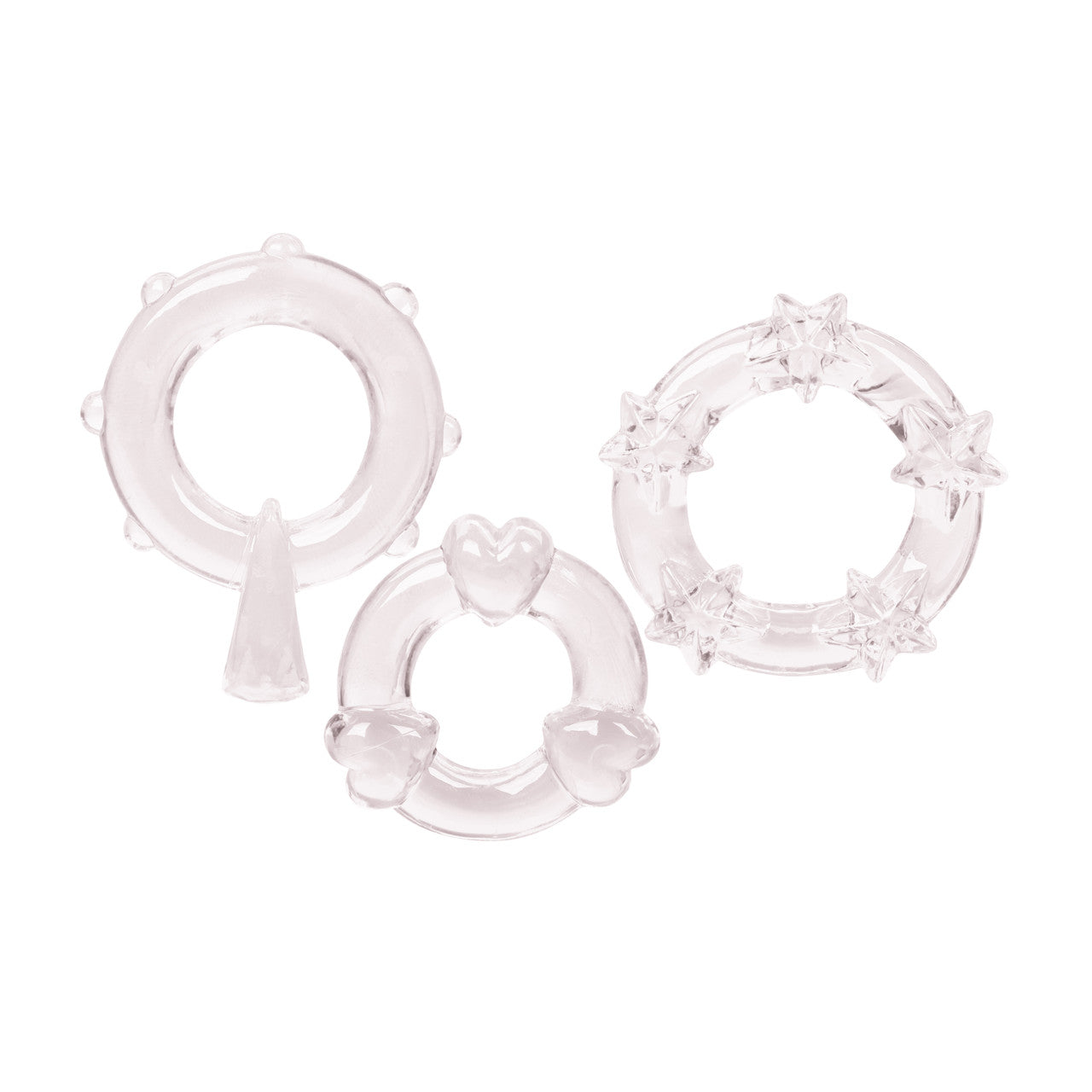Magic C-Rings in Clear, Red, or Blue with heart and star-shaped pleasure nodules, made of soft TPR for enhanced stamina and stimulation.
erection enhancer rings, stretchy cock rings, heart and star-shaped cock rings, TPR cock rings, phthalate-free erection rings, stamina-boosting cock rings, reusable cock rings, waterproof enhancer rings, textured cock rings.