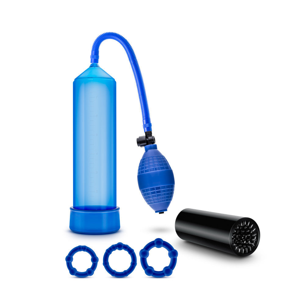 Blue penis enlargement kit with pump, stroke sleeve, and cock rings for harder, longer-lasting pleasure.
penis enlargement kit, Quickie Kit by Blush, Performance VX101 pump, penis pump, ribbed stroke sleeve, beaded cock rings, harder and bigger penis, silicone-safe materials, body-safe penis pump, water-based lube safe, blue penis pump kit.