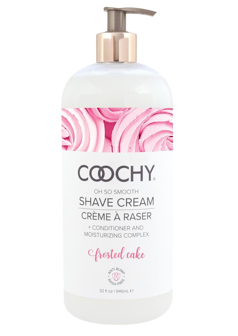 Coochy Shave Cream Frosted Cake - 32oz Coochy Frosted Cake shave cream with vanilla, buttercream, and lilac scent, rash-free formula for sensitive skin, doubles as a hair conditioner. Keywords: shave cream, vanilla buttercream shave cream, rash-free shaving cream, sensitive skin shave cream, gluten-free shaving cream, paraben-free shave cream, hair conditioner shave cream, Coochy Classic Brands, smooth skin shaving solution, scented shave cream for women and men.