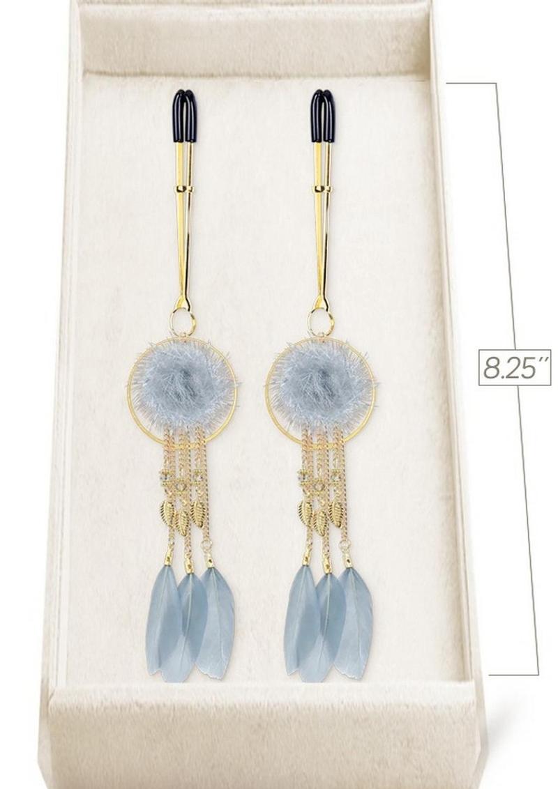 Dove Gray Luxury Nipple Clamps with gold chains and feathers by Studio Elysee. Keywords: luxury nipple clamps, dove gray nipple jewelry, Parisian nipple clamps, elegant nipple accessories, Studio Elysee clamps, adjustable nipple clamps, gold feather nipple clips, Couture Clips nipple clamps, lightweight nipple clamps, high-fashion kink accessories.