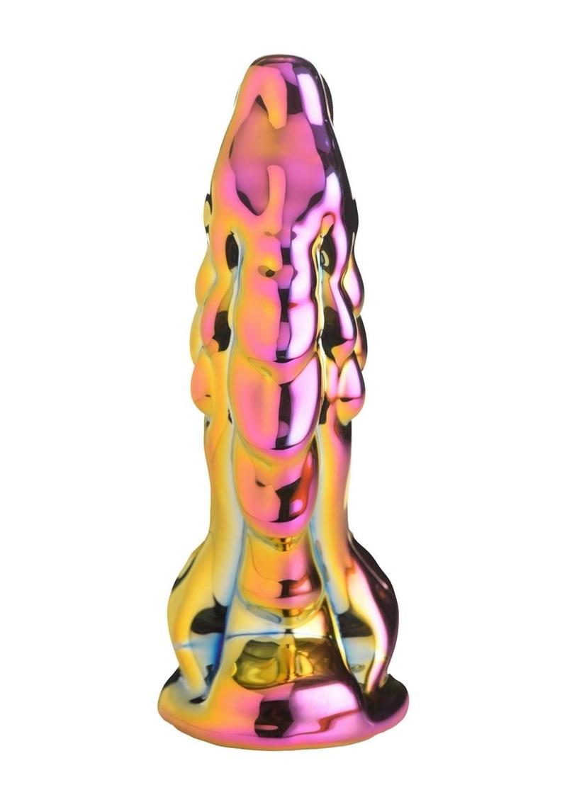 Creature Cocks Dragon Glass Dildo - Multicolor Dragon-shaped glass dildo with metallic finish, textured spine, and tapered tip.
dragon glass dildo, glass dildo, fantasy glass toy, borosilicate glass dildo, heat-sensitive dildo, metallic dragon dildo, textured glass dildo, yellow-pink dildo, creature cock glass, durable glass dildo