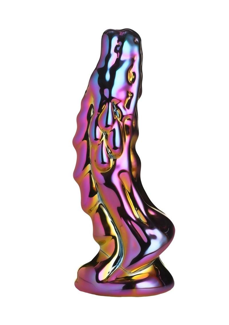 Dragon-shaped glass dildo with metallic finish, textured spine, and tapered tip.
dragon glass dildo, glass dildo, fantasy glass toy, borosilicate glass dildo, heat-sensitive dildo, metallic dragon dildo, textured glass dildo, yellow-pink dildo, creature cock glass, durable glass dildo
