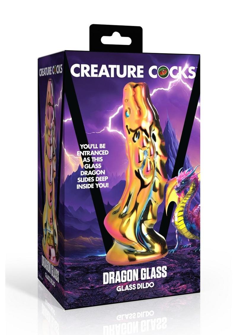 Dragon-shaped glass dildo with metallic finish, textured spine, and tapered tip.
dragon glass dildo, glass dildo, fantasy glass toy, borosilicate glass dildo, heat-sensitive dildo, metallic dragon dildo, textured glass dildo, yellow-pink dildo, creature cock glass, durable glass dildo