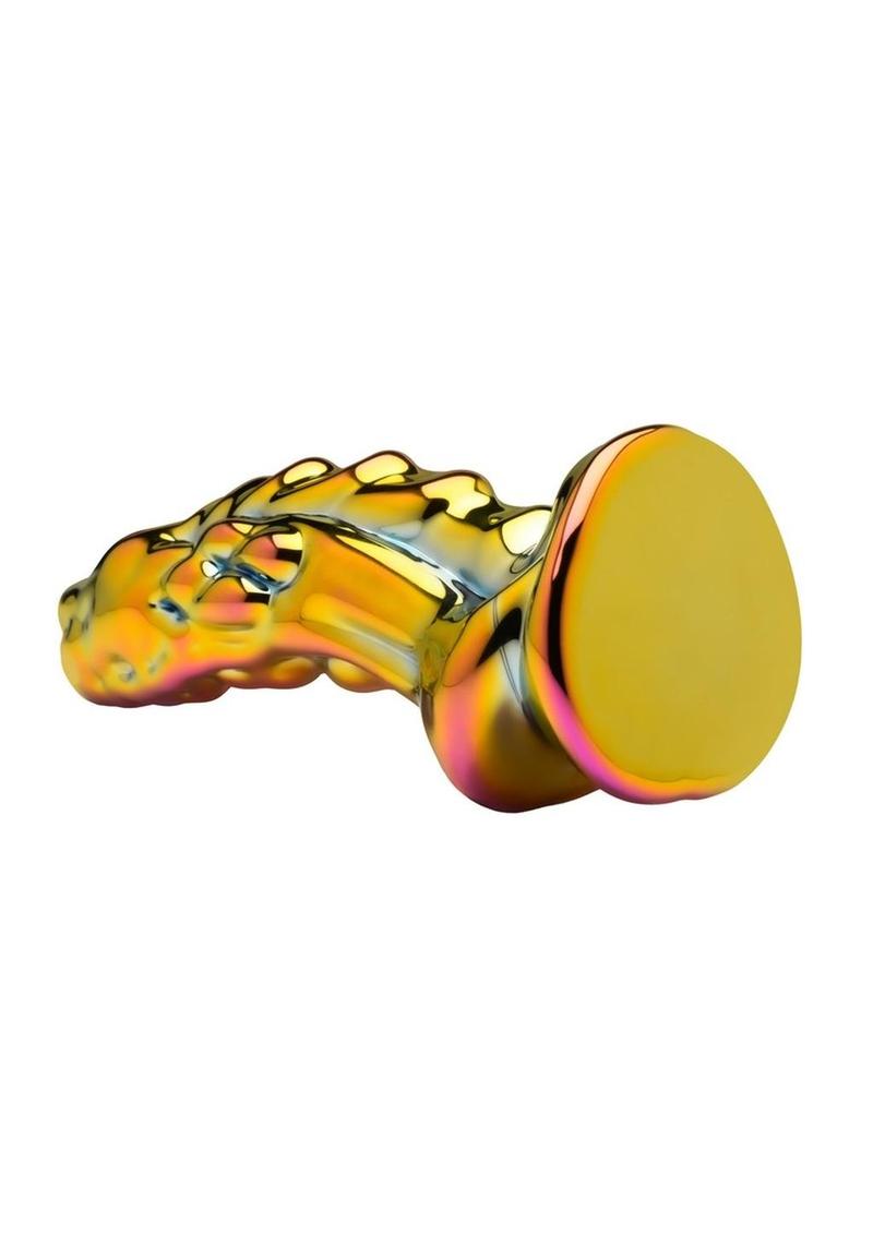 Creature Cocks Dragon Glass Dildo - Multicolor Dragon-shaped glass dildo with metallic finish, textured spine, and tapered tip.
dragon glass dildo, glass dildo, fantasy glass toy, borosilicate glass dildo, heat-sensitive dildo, metallic dragon dildo, textured glass dildo, yellow-pink dildo, creature cock glass, durable glass dildo