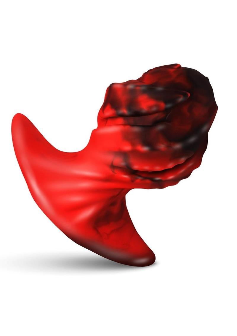 Fantasy dragon egg butt plug in red and black with ridges and a flared base, available in Medium or Large sizes for safe and adventurous play.