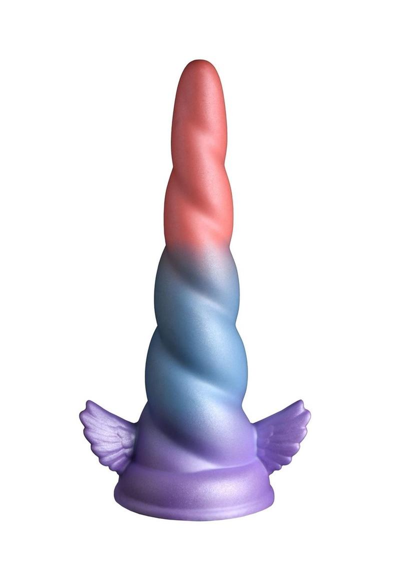 Creature Cocks Dream Rider Silicone Dildo - Multicolor Dream Rider unicorn horn dildo with spiral ridges, suction cup base, and wings at the base, made of premium silicone in purple, blue, and red gradient.