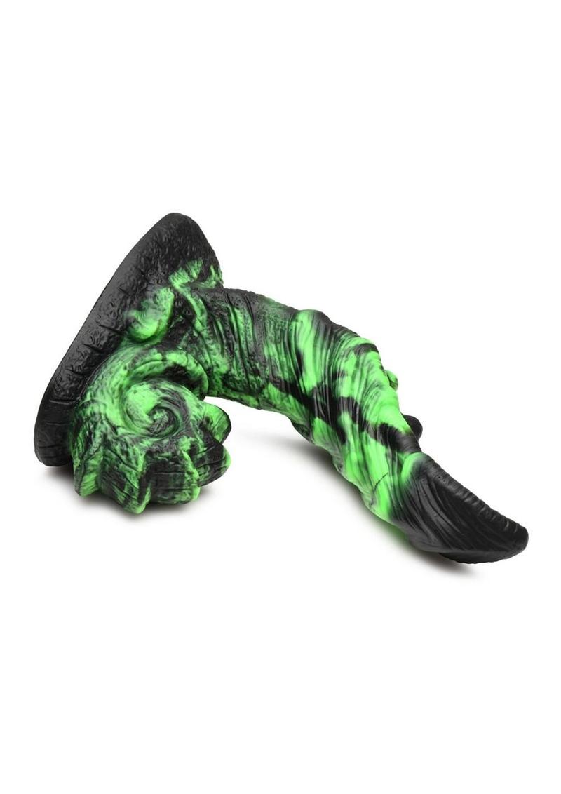 Glow-in-the-dark silicone dildo with curved shaft, ribbed texture, and suction cup base.
glow-in-the-dark dildo, fantasy silicone dildo, ribbed dildo, curved monster dildo, scaly dildo, suction cup dildo, harness-compatible dildo, premium silicone toy, creature cock fantasy toy