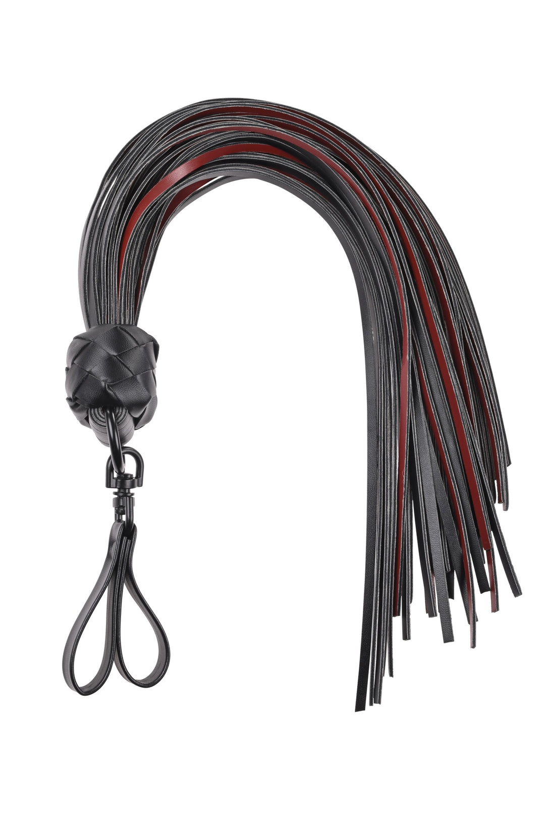 Vegan leather Saffron Finger Flogger with 40 scarlet and black falls, designed for precise and playful impact. Keywords: saffron finger flogger, vegan leather flogger, faux leather flogger, BDSM flogger, scarlet and black flogger, kink flogger, finger loop flogger, lightweight flogger, impact play flogger, sensual flogging tool, Sportsheets flogger, cruelty-free BDSM gear.