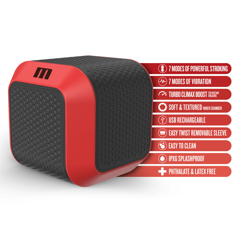 Red and black automatic stroker with 360° rotation, 7 stroking modes, and a soft textured open-ended chamber for all sizes.
Keywords: automatic stroker, 360° rotation stroker, M for Men Slambox, soft inner chamber, male masturbator, USB rechargeable, open-ended stroker, red stroker, 7 stroking modes, body-safe stroker, realistic feel, men’s pleasure toy