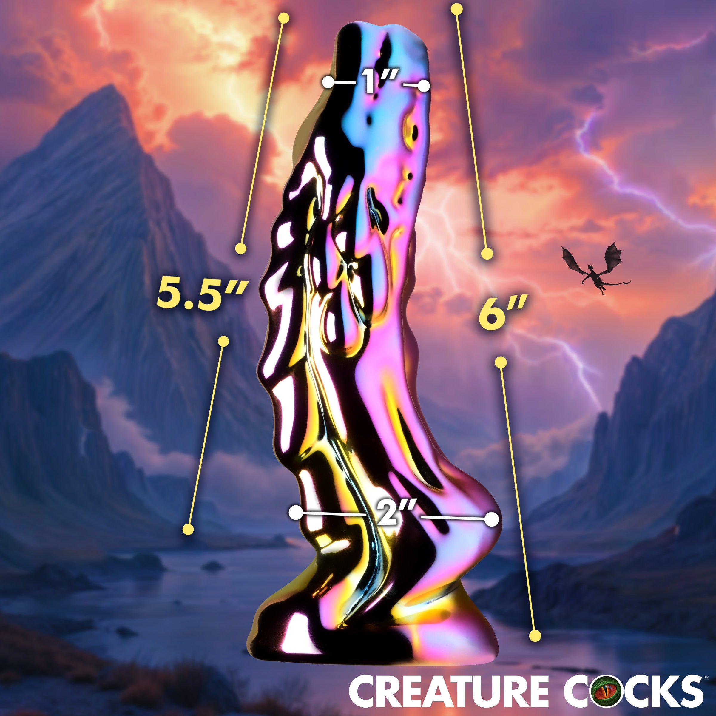 Dragon-shaped glass dildo with metallic finish, textured spine, and tapered tip.
dragon glass dildo, glass dildo, fantasy glass toy, borosilicate glass dildo, heat-sensitive dildo, metallic dragon dildo, textured glass dildo, yellow-pink dildo, creature cock glass, durable glass dildo