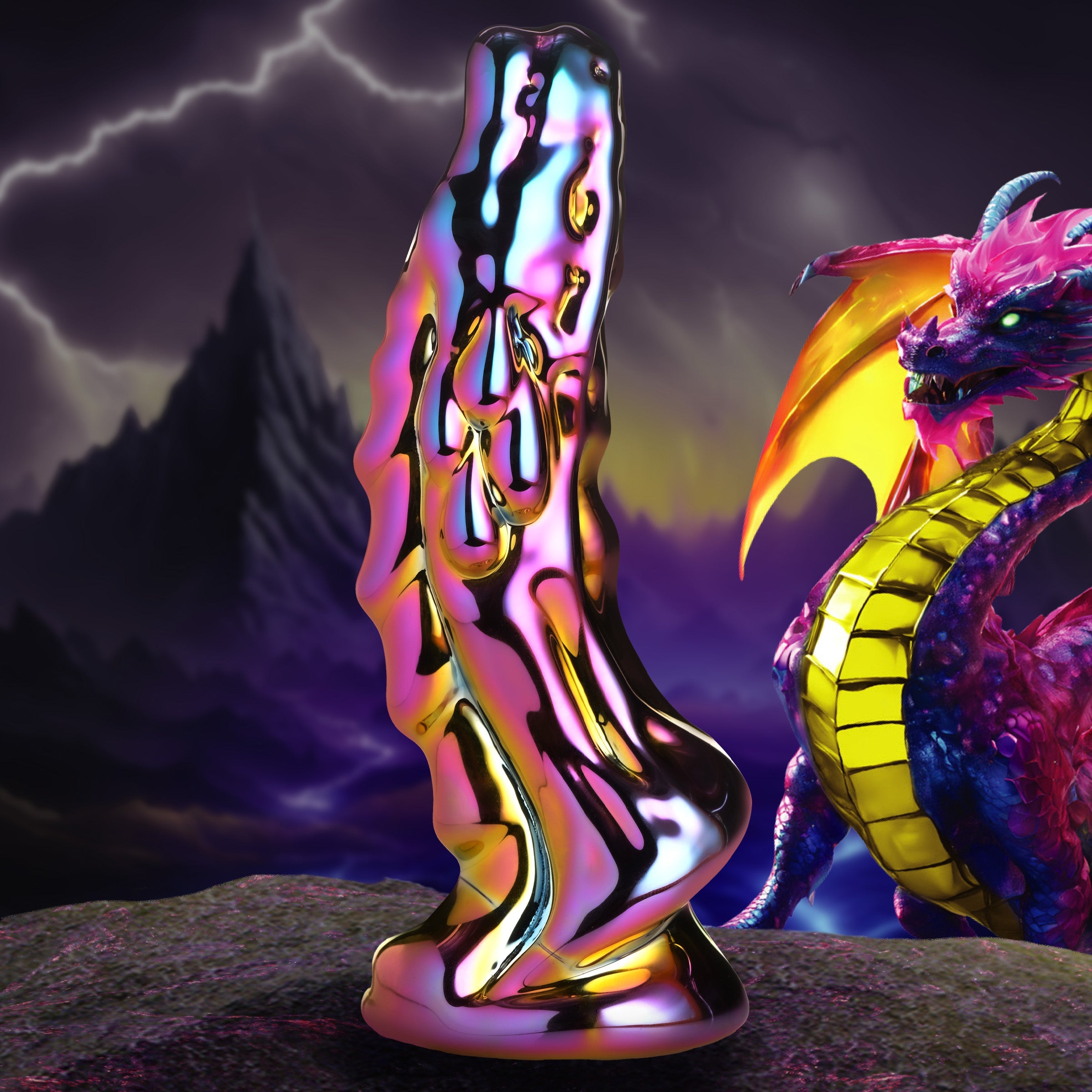 Dragon-shaped glass dildo with metallic finish, textured spine, and tapered tip.
dragon glass dildo, glass dildo, fantasy glass toy, borosilicate glass dildo, heat-sensitive dildo, metallic dragon dildo, textured glass dildo, yellow-pink dildo, creature cock glass, durable glass dildo