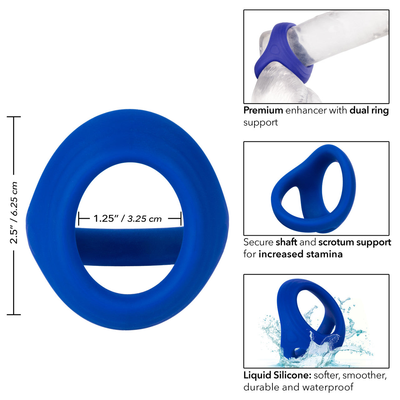 Admiral™ Cock & Ball Dual Ring with dual support, liquid silicone, body-safe design, and waterproof durability.
Keywords: silicone cock ring, dual support ring, shaft and scrotum ring, liquid silicone ring, body-safe cock ring, phthalate-free cock ring, waterproof cock ring, erection support ring, stamina-enhancing cock ring, blue cock ring, premium silicone cock ring