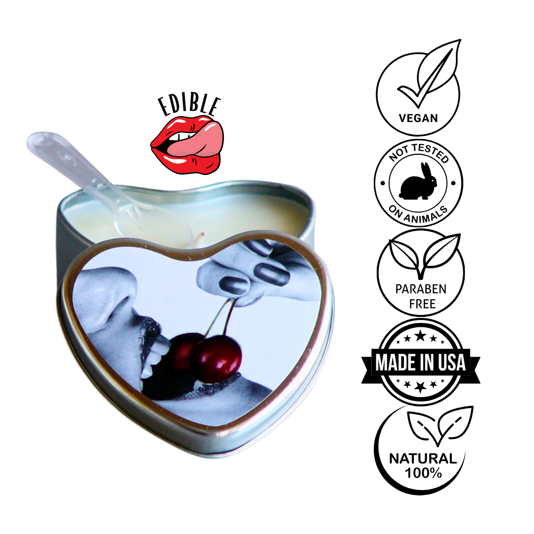 Earthly Body 3-in-1 Edible Massage Candle, cherry scented, 100% natural, vegan, and lickable, with hemp seed and coconut oils for moisturizing.
edible cherry massage candle, 3-in-1 massage candle, Earthly Body candle, cherry-scented candle, hemp seed oil candle, lickable massage oil, vegan massage candle, romantic massage candle, natural skin moisturizer, soy massage candle