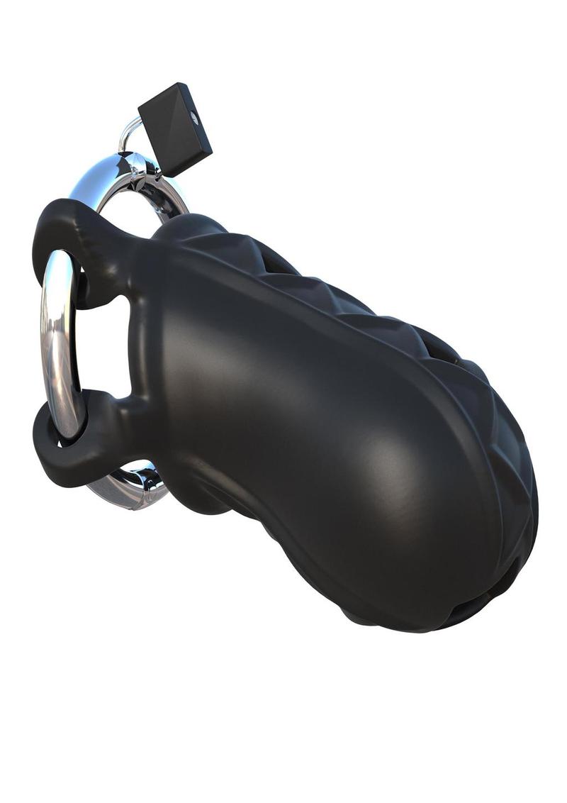 Fantasy C-Ringz Extreme Silicone Cock Blocker Cock Ring - Black Black silicone and stainless steel chastity cage with vent holes, adjustable locking system, and discreet wearability.
male chastity device, Elite Silicone, stainless steel ring, body-safe, phthalate-free, ventilated design, long-term wear, BDSM gear, fetish, kink, cock and ball gear, discreet chastity.