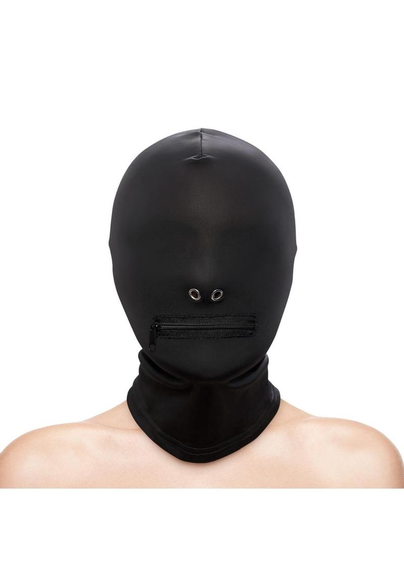 Zippered Mouth Hood in black and white, featuring a snug fit, soft nylon material, and a zippered mouth opening for sensory play. Keywords: zippered mouth hood, BDSM hood, fetish hood, sensory play hood, black nylon hood, white fetish hood, nickel-free BDSM hood, bondage hood, bondage accessories, BDSM gear