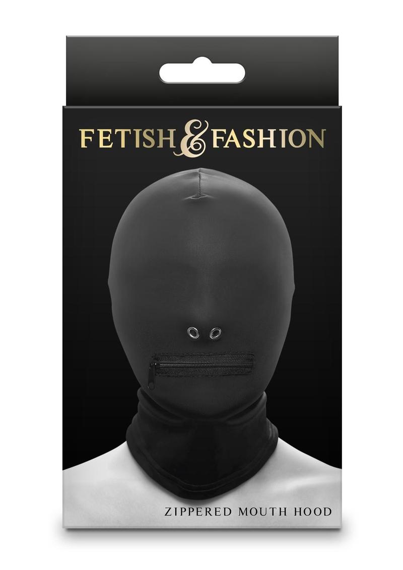 Zippered Mouth Hood in black and white, featuring a snug fit, soft nylon material, and a zippered mouth opening for sensory play. Keywords: zippered mouth hood, BDSM hood, fetish hood, sensory play hood, black nylon hood, white fetish hood, nickel-free BDSM hood, bondage hood, bondage accessories, BDSM gear