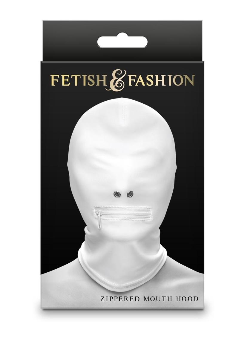 Zippered Mouth Hood in black and white, featuring a snug fit, soft nylon material, and a zippered mouth opening for sensory play. Keywords: zippered mouth hood, BDSM hood, fetish hood, sensory play hood, black nylon hood, white fetish hood, nickel-free BDSM hood, bondage hood, bondage accessories, BDSM gear