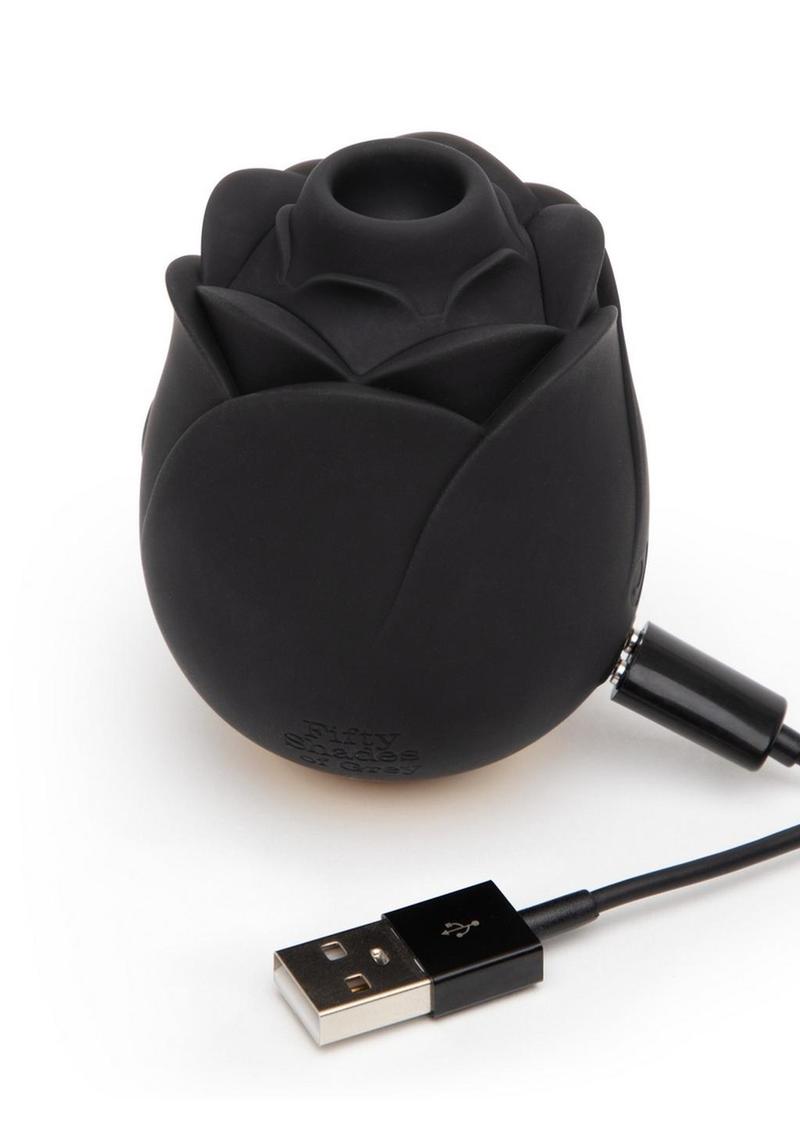 Black rose clitoral suction stimulator with Pleasure Air Technology, 6 speeds, 4 patterns, waterproof, rechargeable, body-safe silicone.
Fifty Shades of Grey Rose, clitoral suction toy, Pleasure Air Technology, rose clitoral stimulator, waterproof rose toy, rechargeable rose vibrator, 6 intensity levels, body-safe silicone, discreet suction vibrator, luxury adult toy.