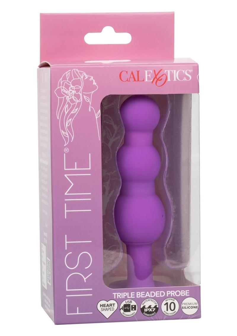 First Time Triple Beaded Silicone Rechargeable Anal Butt Probe The product packaging for the First Time® Triple Beaded Probe, showcasing its key features like 10 vibration functions, waterproof rating (IPX7), USB rechargeability, and a 1-year warranty.