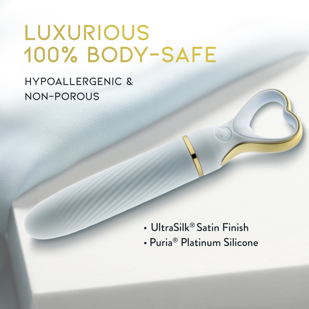 A chic, heart-shaped vibrator with 10 vibration modes, a tapered tip, and a gold-accented handle. Made from soft silicone, it’s splashproof, USB rechargeable, and compact for travel.
Keywords: Delice vibrator, heart-shaped handle, chic vibrator, Puria silicone, UltraSilk finish, splashproof vibrator, USB rechargeable, travel-friendly vibrator, 10 vibration modes, compact vibrator, body-safe silicone, giftable vibrator