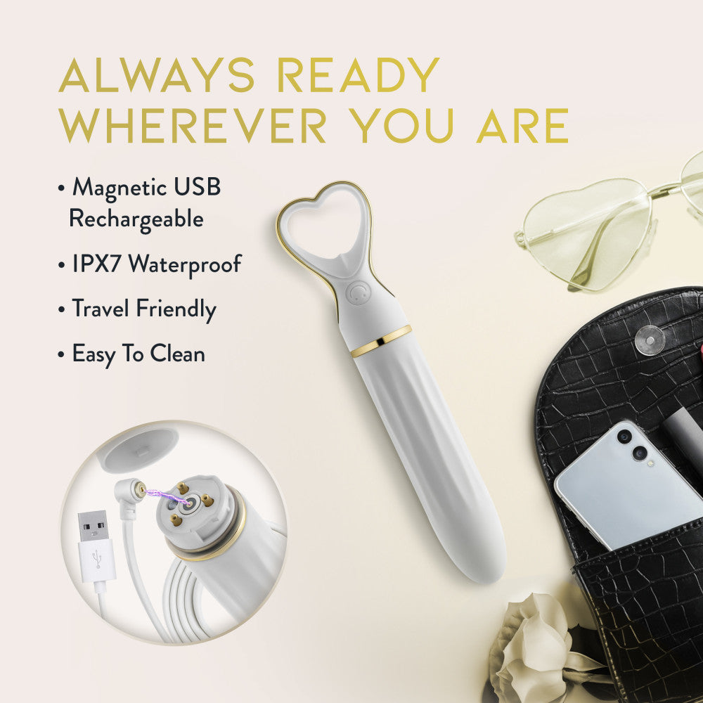 A chic, heart-shaped vibrator with 10 vibration modes, a tapered tip, and a gold-accented handle. Made from soft silicone, it’s splashproof, USB rechargeable, and compact for travel.
Keywords: Delice vibrator, heart-shaped handle, chic vibrator, Puria silicone, UltraSilk finish, splashproof vibrator, USB rechargeable, travel-friendly vibrator, 10 vibration modes, compact vibrator, body-safe silicone, giftable vibrator