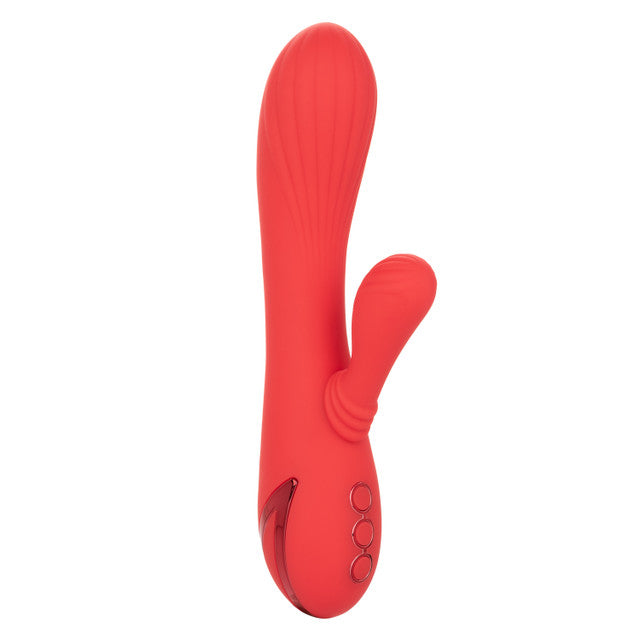 California Dreaming® Palisades Passion heated rabbit vibrator with swinging clitoral teaser and 3-speed vibrations.
heated rabbit vibrator, clitoral teaser vibrator, side-to-side stimulator, silicone waterproof vibrator, rechargeable rabbit vibrator, body-safe heated vibrator, 3-speed vibrator, customizable rabbit vibrator, luxury red vibrator.
