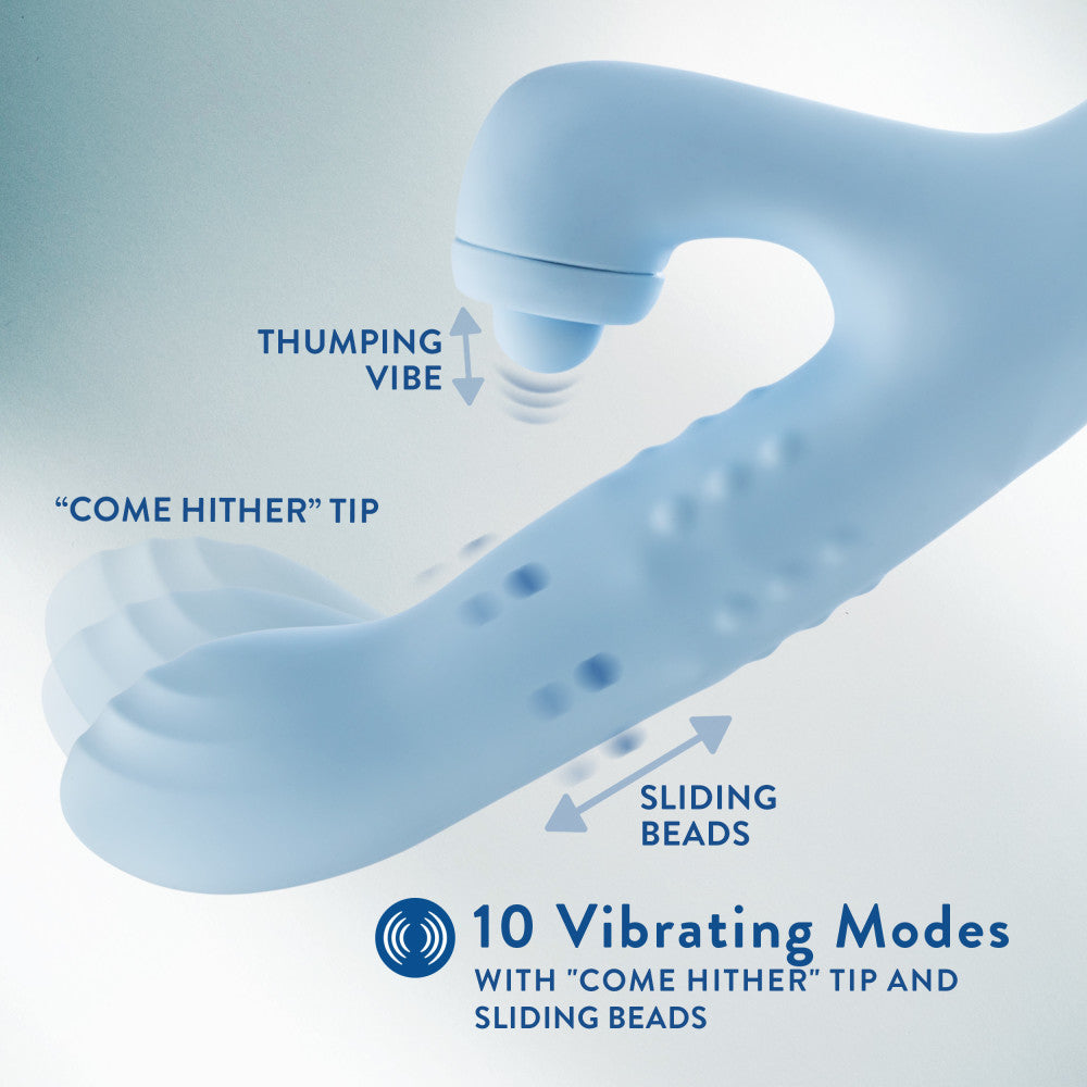 Blue dual-stimulation rabbit vibrator with sliding beads, come-hither motion, and clitoral massaging ball for waterproof play.
Keywords: rabbit vibrator, Devin vibrator, G-spot vibrator, clitoral stimulation, dual-stimulation, sliding beads vibrator, come-hither motion, waterproof vibrator, USB rechargeable, soft silicone, body-safe, 9.25-inch vibrator, massaging beads, clitoral thumper