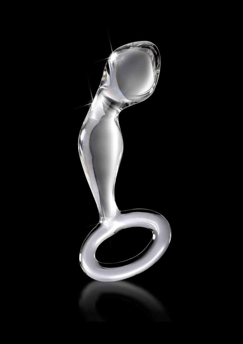 Clear glass anal plug with a tapered tip, stimulating bulbs, curved P-spot design, and ringed base for safe, luxurious play and temperature sensations.
Icicles No. 46, glass anal plug, P-spot stimulation plug, hand-blown glass plug, hypoallergenic anal toy, temperature play plug, ringed base glass plug, body-safe glass dildo, dishwasher-safe plug, luxury glass anal massager
