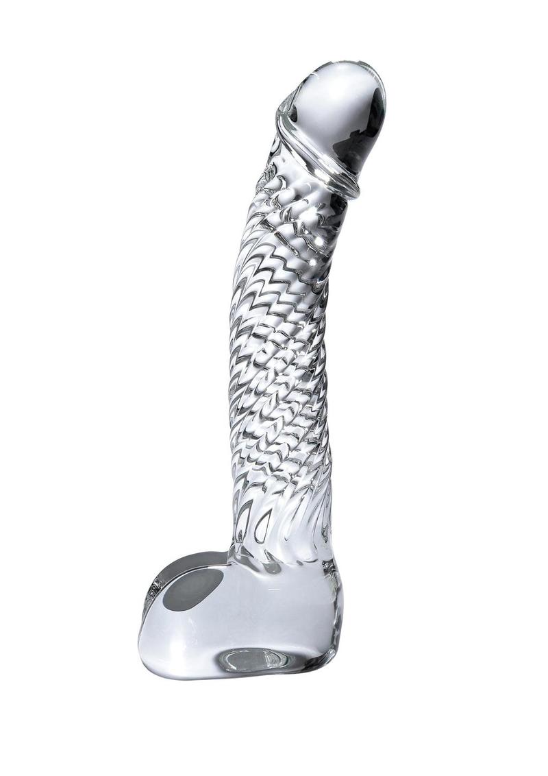 Clear glass massager with tapered tip, ribbed shaft, curved design, and lifelike balls for G-Spot or P-Spot stimulation and temperature play.
Icicles No. 61, beginner glass massager, glass G-Spot dildo, P-Spot glass wand, ribbed glass massager, lifelike glass massager, borosilicate glass toy, temperature play glass toy, body-safe glass dildo, hypoallergenic glass massager