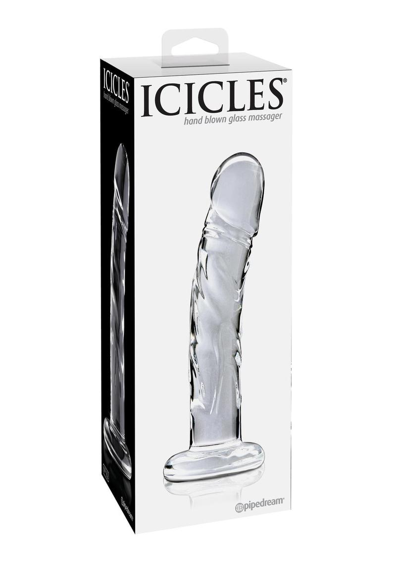 Elegant glass massager with a curved design, tapered tip, and harness-compatible base for G-Spot or P-Spot stimulation.
Icicles No. 62, glass massager, hypoallergenic glass toy, G-Spot stimulation wand, P-Spot glass toy, realistic glass dildo, temperature play toy, harness-compatible glass toy, dishwasher-safe glass massager, luxury glass wand.
