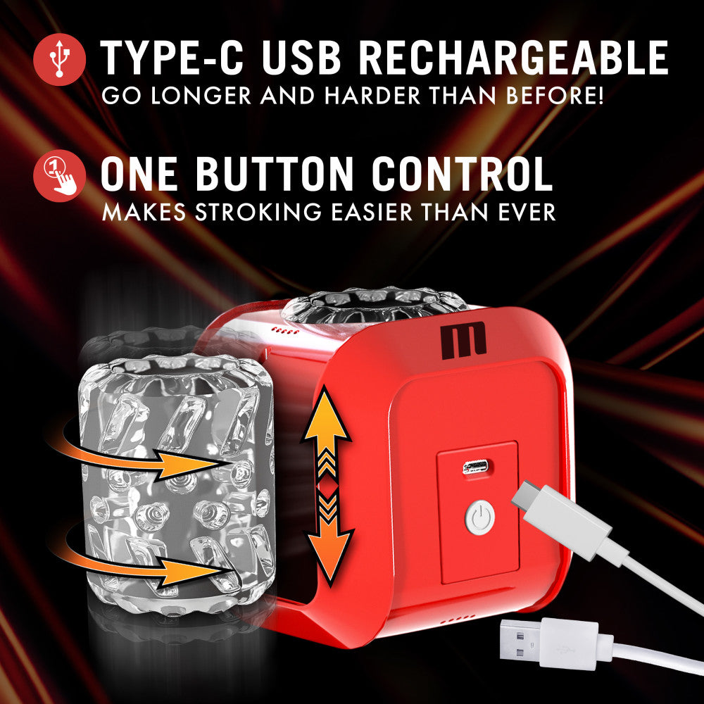 Red and black automatic stroker with 360° rotation, 7 stroking modes, and a soft textured open-ended chamber for all sizes.
Keywords: automatic stroker, 360° rotation stroker, M for Men Slambox, soft inner chamber, male masturbator, USB rechargeable, open-ended stroker, red stroker, 7 stroking modes, body-safe stroker, realistic feel, men’s pleasure toy