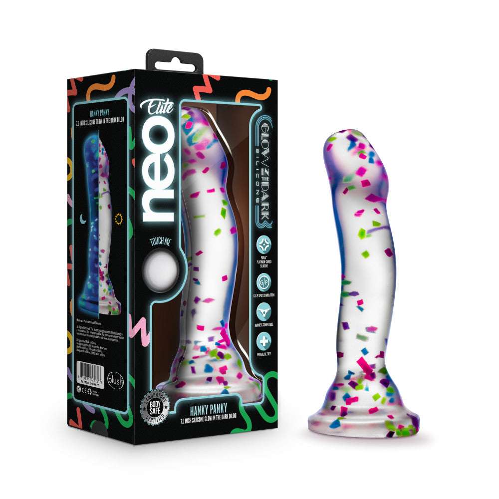 Glow-in-the-dark dildo with neon confetti, crafted from body-safe Purio™ silicone, featuring a curved design, suction base, and playful visual appeal.
Keywords: glow-in-the-dark dildo, confetti dildo, silicone dildo, suction cup dildo, harness-compatible dildo, body-safe dildo, Purio silicone, G-spot dildo, P-spot dildo, fun adult toy.