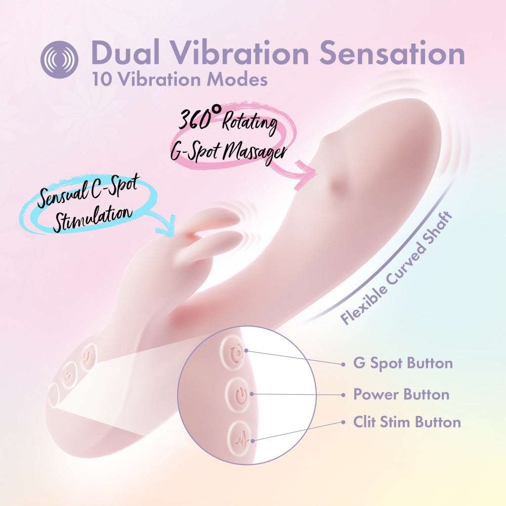 Pink rabbit vibrator with 10 vibration modes, 3-speed rotating G-spot massager, and waterproof silicone design.
Keywords: rabbit vibrator, dual vibration modes, 360° rotating massager, G-spot vibrator, clitoral stimulator, waterproof vibrator, platinum-cured silicone, body-safe vibrator, USB rechargeable, pink vibrator, non-porous, IPX7 waterproof