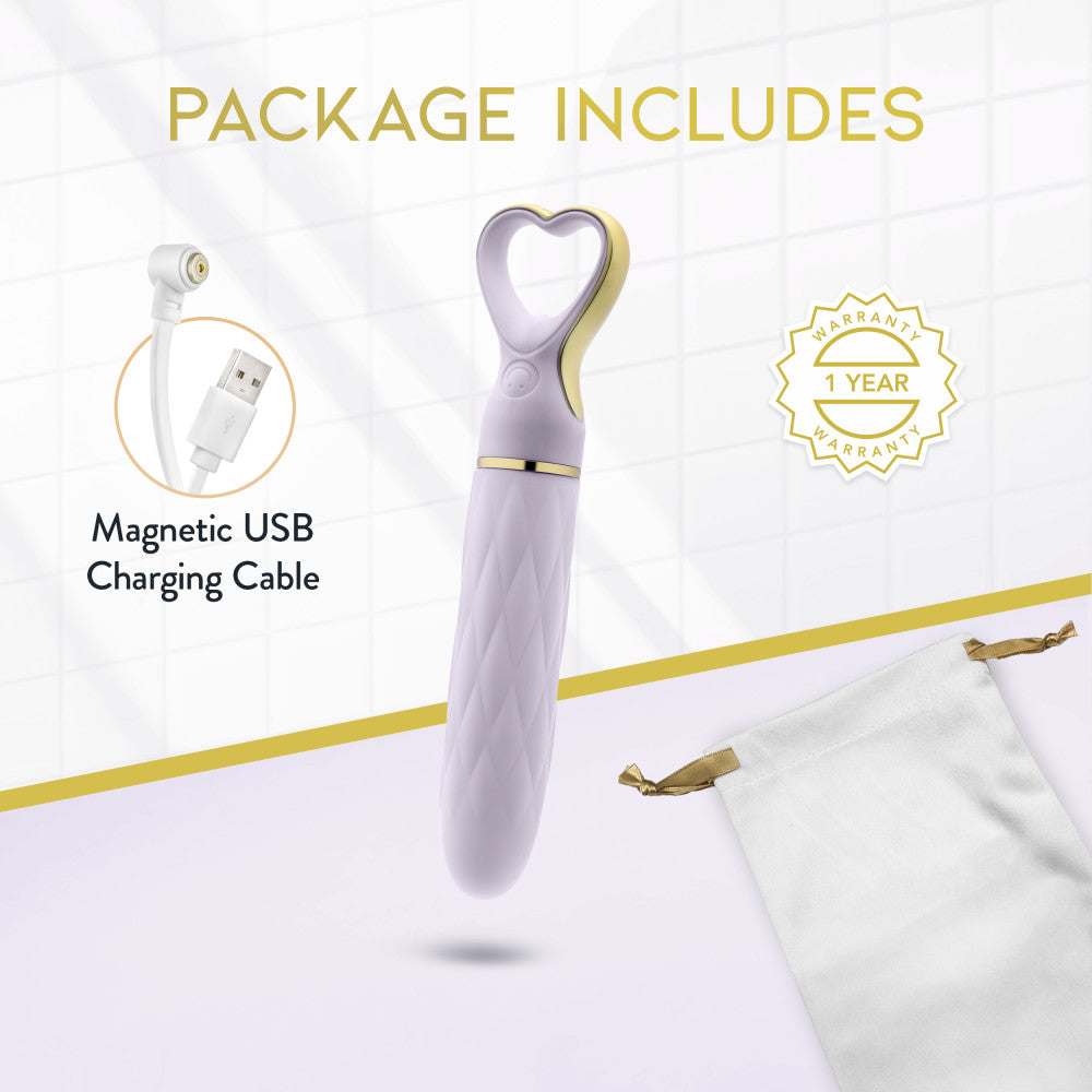 A chic, heart-shaped vibrator with 10 vibration modes, a tapered tip, and a gold-accented handle. Made from soft silicone, it’s splashproof, USB rechargeable, and compact for travel.
Keywords: Delice vibrator, heart-shaped handle, chic vibrator, Puria silicone, UltraSilk finish, splashproof vibrator, USB rechargeable, travel-friendly vibrator, 10 vibration modes, compact vibrator, body-safe silicone, giftable vibrator