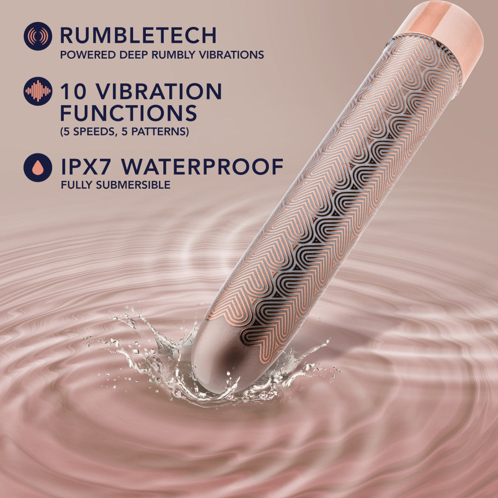 Rose gold slimline vibrator with an elegant design featuring RumbleTech™ deep vibrations, USB charging, and waterproof functionality.
Keywords: slimline vibrator, rose gold vibrator, RumbleTech vibrator, USB rechargeable vibrator, waterproof vibrator, body-safe sex toy, customizable vibrator, luxury vibrator, elegant sex toy, bath-friendly vibrator