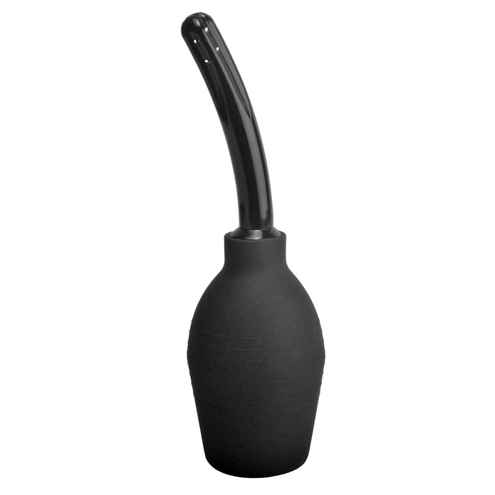 Deluxe enema bulb with a curved nozzle, available in black or blue/white. Compact, easy-to-use, and travel-friendly for effective intimate cleansing.