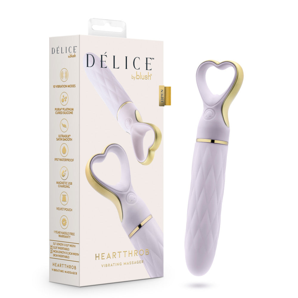 A chic, heart-shaped vibrator with 10 vibration modes, a tapered tip, and a gold-accented handle. Made from soft silicone, it’s splashproof, USB rechargeable, and compact for travel.
Keywords: Delice vibrator, heart-shaped handle, chic vibrator, Puria silicone, UltraSilk finish, splashproof vibrator, USB rechargeable, travel-friendly vibrator, 10 vibration modes, compact vibrator, body-safe silicone, giftable vibrator