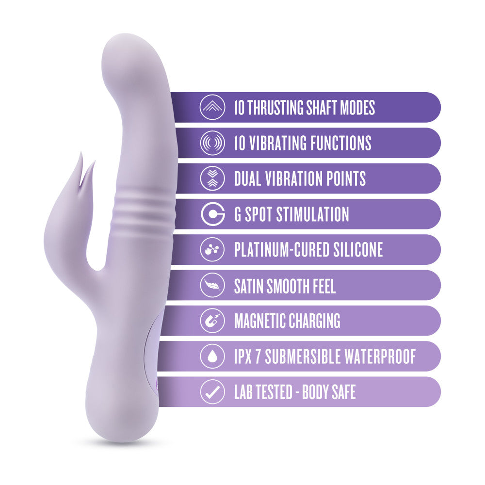 Lavender rabbit vibrator with thrusting vibrations, dual stimulation, and waterproof silicone design for G-spot and clitoral pleasure.
Keywords: rabbit vibrator, Rylee vibrator, thrusting vibrator, G-spot vibrator, clitoral stimulation, dual-stimulation vibrator, waterproof vibrator, USB rechargeable, platinum-cured silicone, soft silicone vibrator, 9.25-inch vibrator, satin smooth, body-safe vibrator