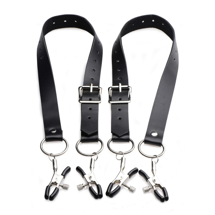 Master Series Spread Labia Spreader Straps with adjustable PU leather straps, rubber-tipped clamps, and customizable pressure for BDSM play.