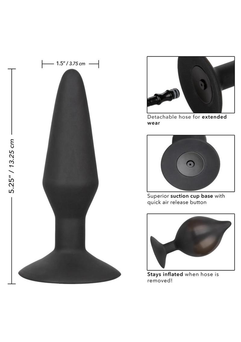 CalExotics Large Silicone Inflatable Plug. Featuring an inflatable design with a detachable hose, quick-release valve, and powerful suction cup base, this body-safe silicone probe offers customizable sizing and hands-free fun. Measures 5.25” x 1.5” before inflation.