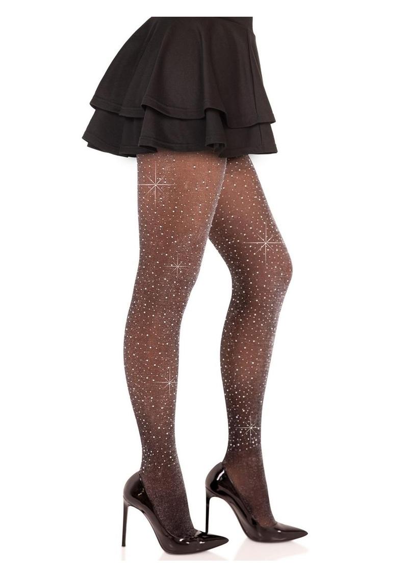 Elegant black shimmer tights with hand-laid rhinestones, crafted from stretchy spandex lurex fabric with a no-pinch waistband. One Size fits most.