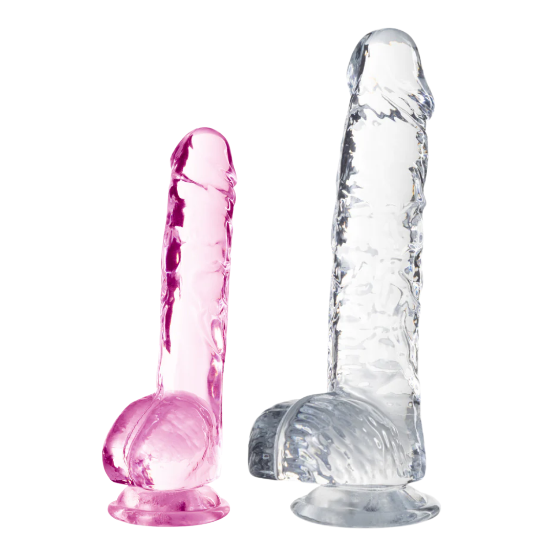 Naturally Yours Crystalline Dildo, lifelike dildo with suction cup base, harness-compatible, available in crystal clear or crystal pink.
lifelike dildo, crystal clear dildo, crystal pink dildo, suction cup dildo, harness-compatible dildo, body-safe TPE, realistic dildo, versatile play toy, Blush Novelties dildo