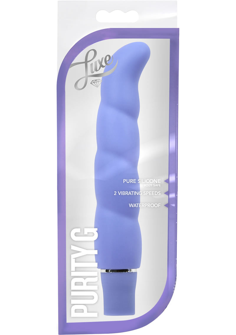 Luxe Purity G Silicone G-Spot Vibrator - Periwinkle/Purple Purity G Vibrator with ergonomic G-spot curve, 10 vibrating functions, and satin-smooth silicone, available in Blue Aqua, Purple Periwinkle, or Hot Pink.
G-spot vibrator, 10-function silicone vibrator, waterproof G-spot toy, satin-smooth vibrator, ergonomic G-spot curve, body-safe G-spot vibrator, colorful waterproof vibrator, Purity G 5-year warranty.