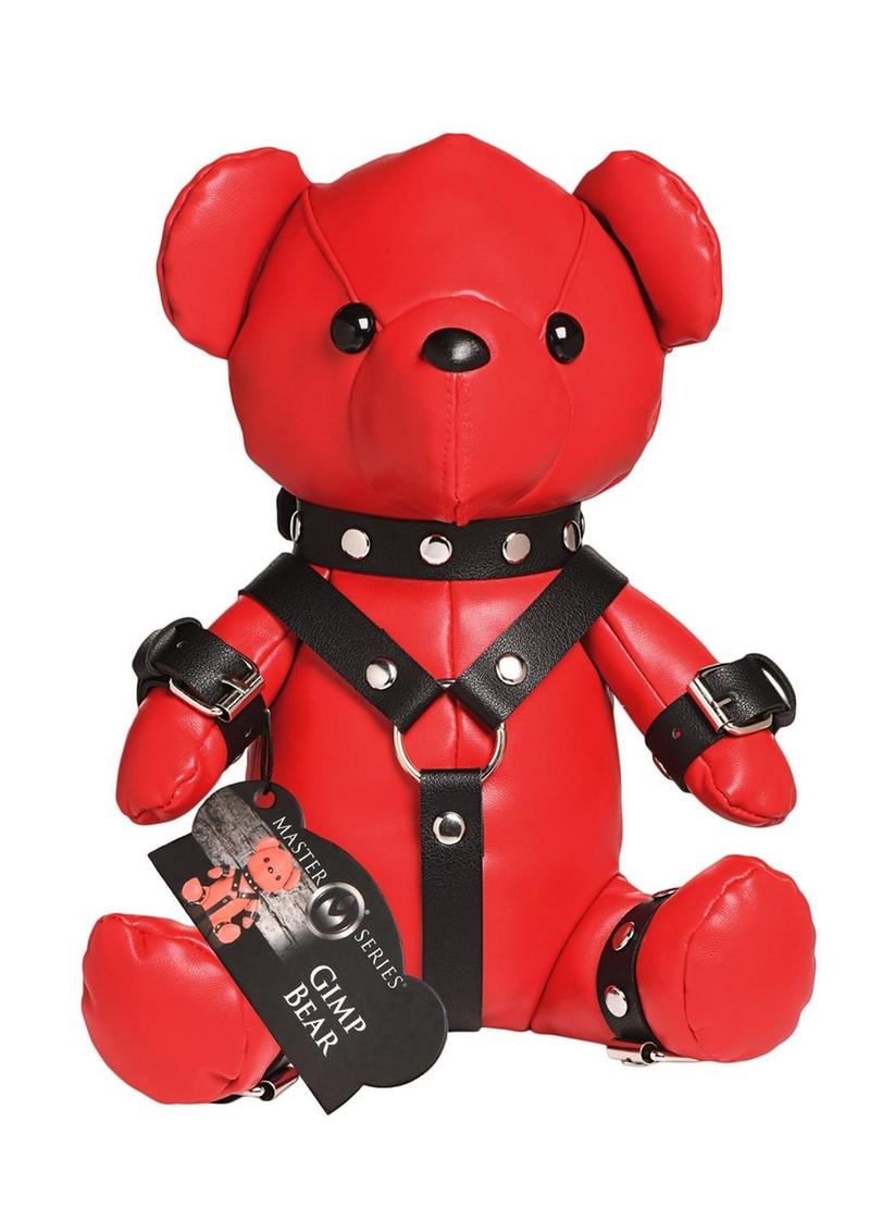 Master Series Gimp Bear - RedTeddy bear in a detailed vegan leather gimp outfit, available in black or red, featuring nickel-free metal accents for a kinky and playful look.