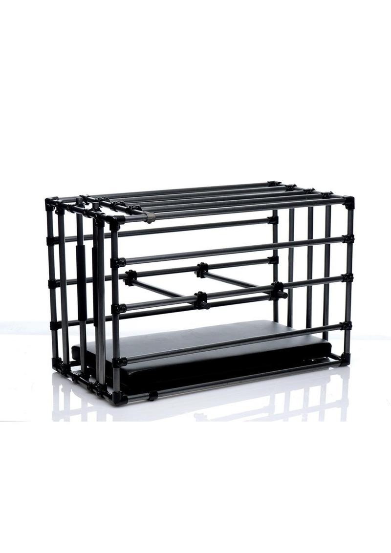 Adjustable puppy cage with padded board, positioning bars, and sturdy steel construction for BDSM and roleplay.
