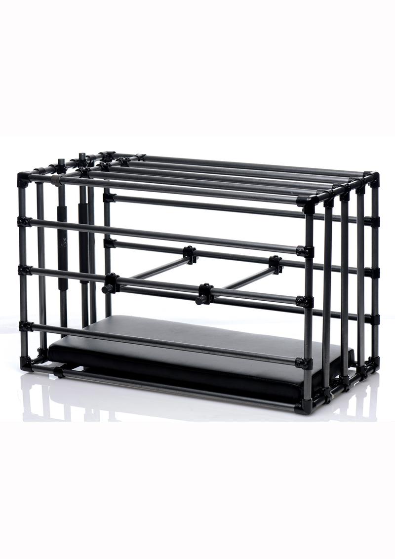Adjustable puppy cage with padded board, positioning bars, and sturdy steel construction for BDSM and roleplay.